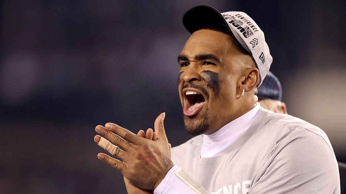 Jalen Hurts celebrates winning the NFC title game