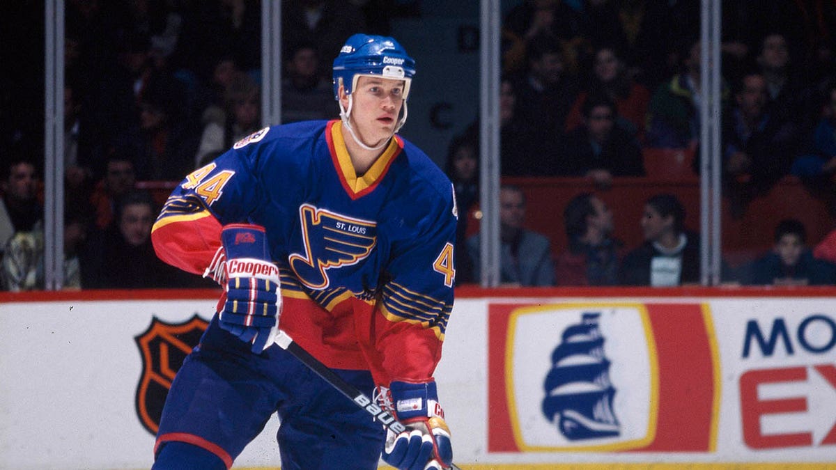 Chris Pronger skates for the Blues in 1990