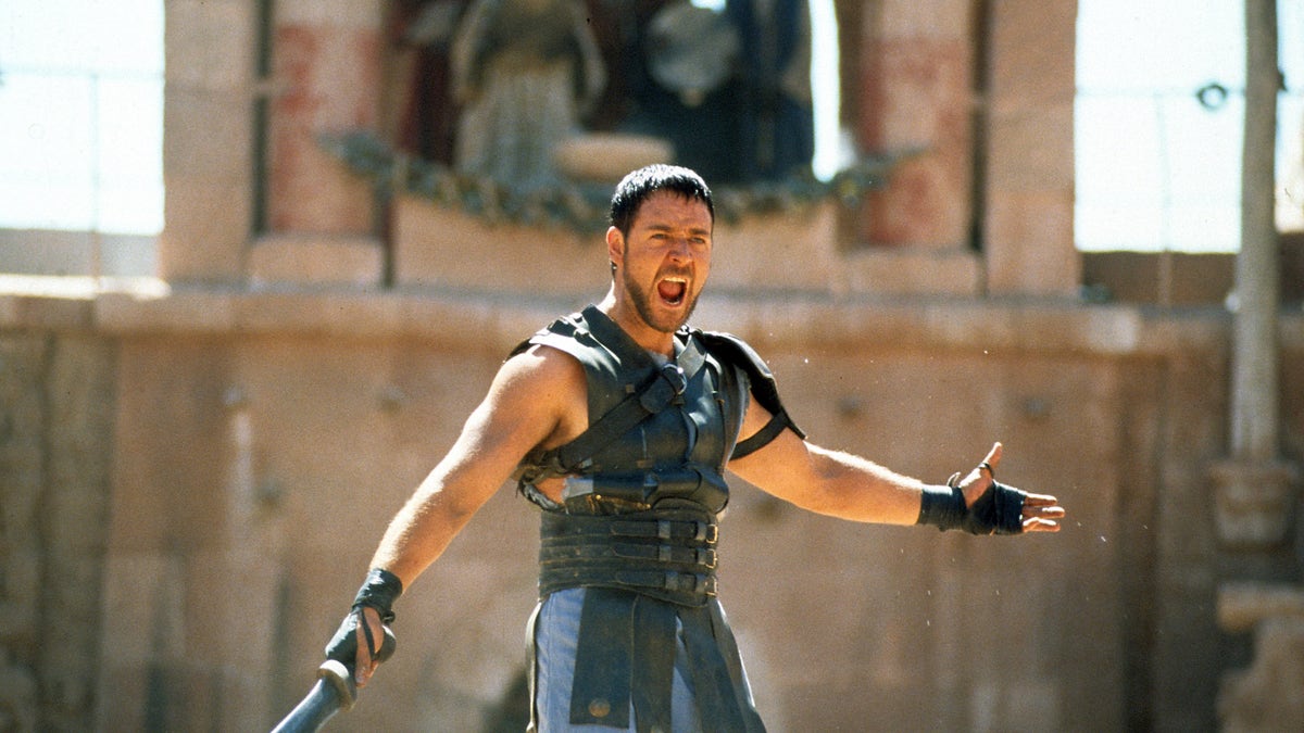 Russell Crowe holding a sword in "Gladiator"