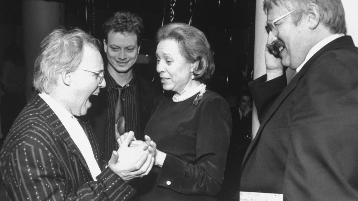 Elaine Steinbeck, wife of author John Steinbeck, with Gary Sinise, set designer Kevin Rigdon and director Frank Galati