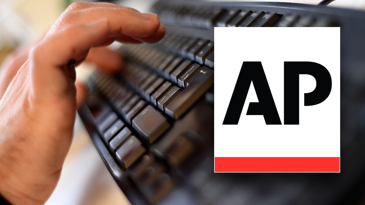 man typing on keyboard, ap logo inset