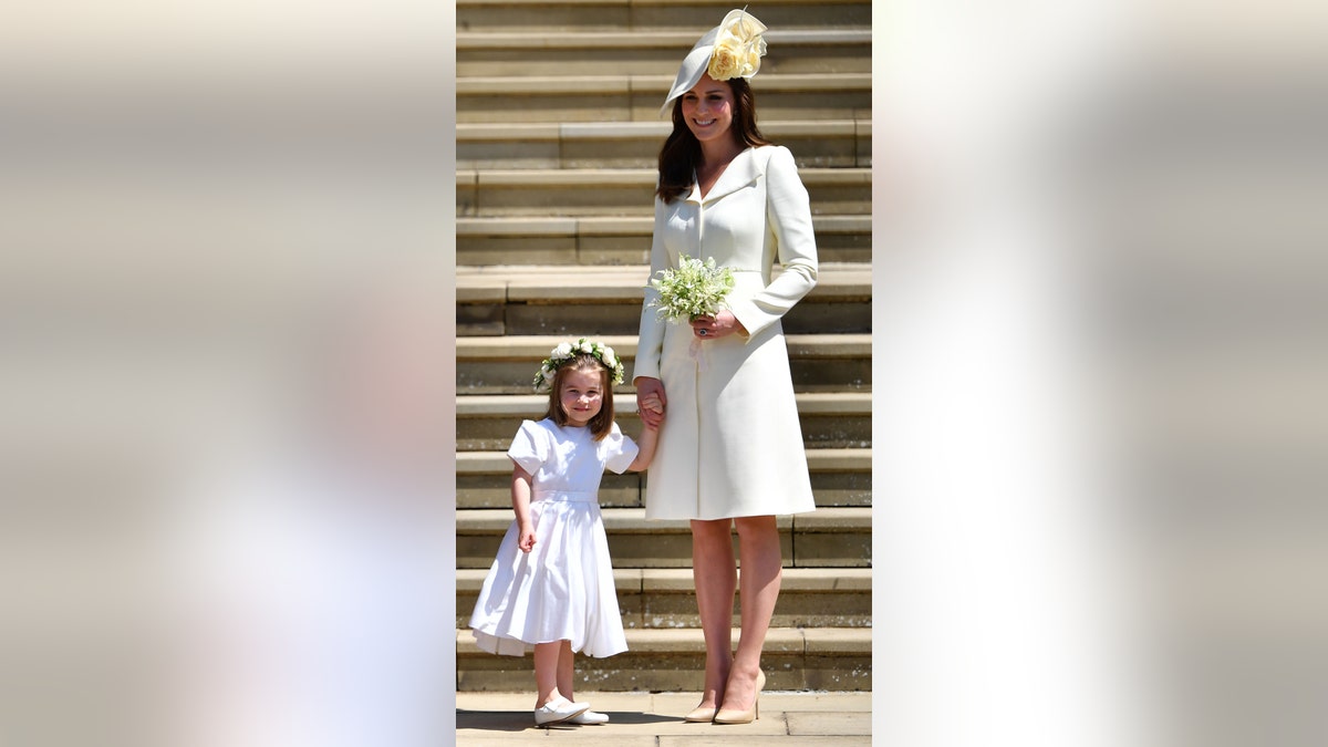 Kate Middleton holding Princess Charlotte's hand during Meghan Markle's wedding