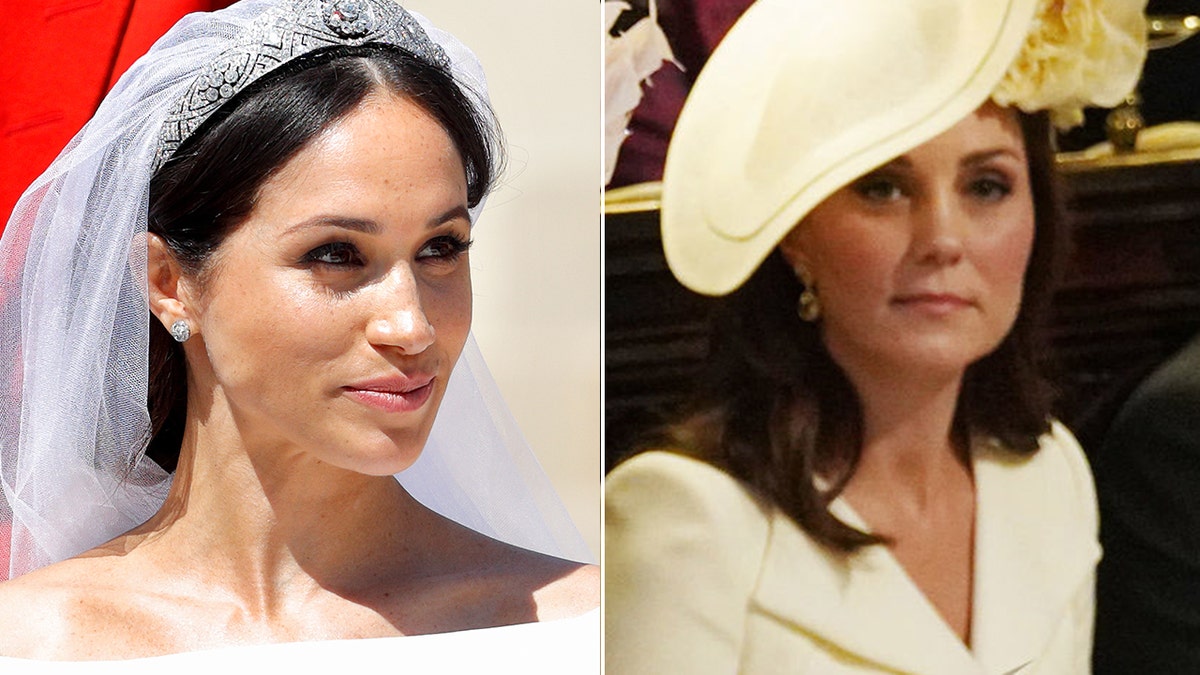 Meghan Markle and Kate Middleton looking stern during the royal wedding in May 2018