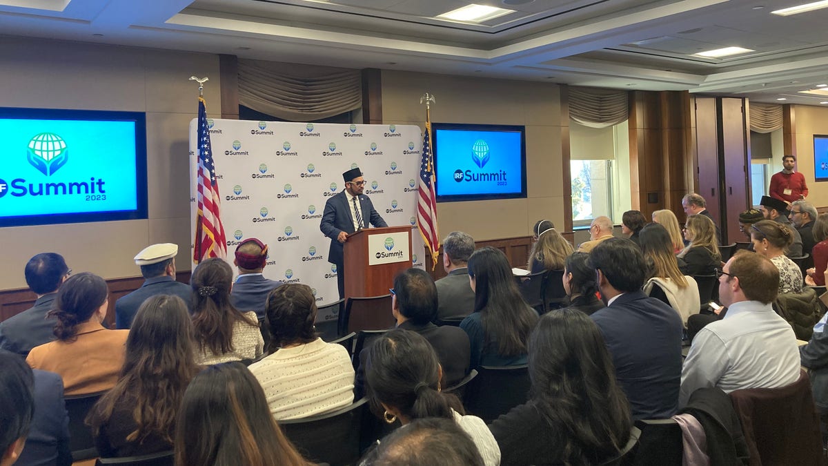 Co-chair of Congressional Advocacy Day Amjad Khan speaks at the Capitol Visitor Center leading up to the International Religious Freedom Summit. (IRF Summit)