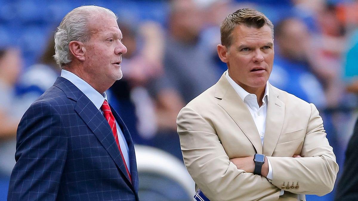 Jim Irsay and Chris Ballard watch pregame 