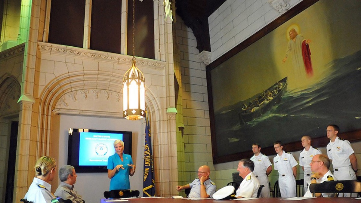 Jesus walking on water painting, right, in USMMA room 