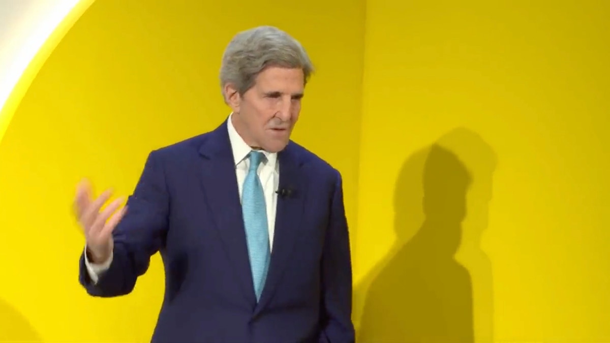 Special Presidential Envoy for Climate John Kerry addresses attendees of the World Economic Forum meeting on Tuesday.