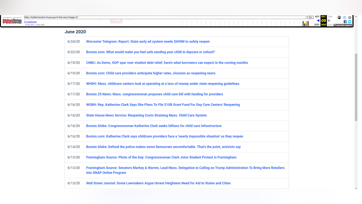 Internet Archive screenshot of Rep. Katherine Clark's "In the News" section of her website from December 9, 2022 that shows the Boston Globe article.