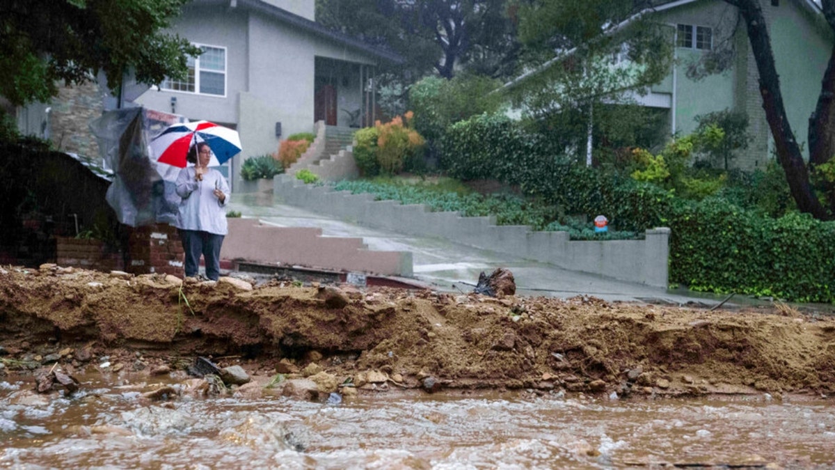 A mudslide blocks a road in Studio City, Calif.