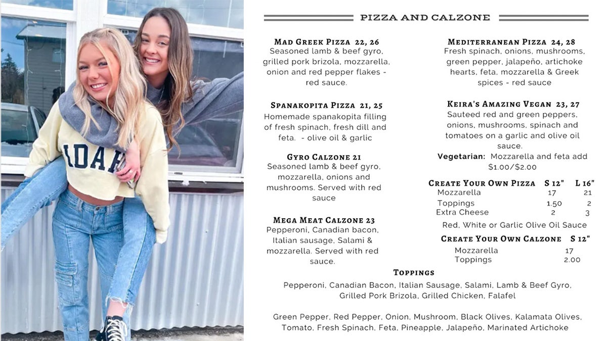 Madison Mogen carries Xana Kernodle in a photo next to the Mad Greek menu.