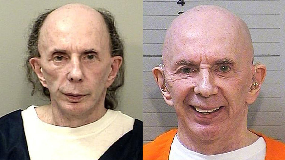 Two side-by-side photos of Phil Spector when he was serving time for the murder of Lana Clarkson