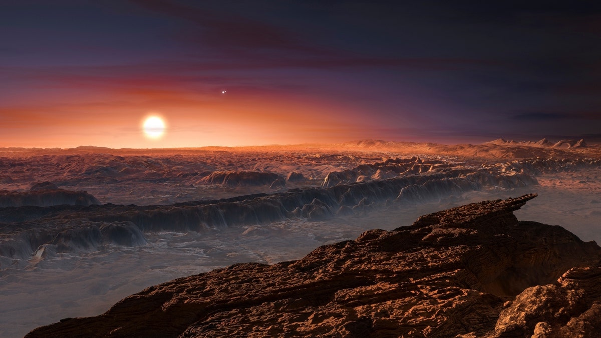 The surface of the planet Proxima b orbiting the red dwarf star Proxima Centauri