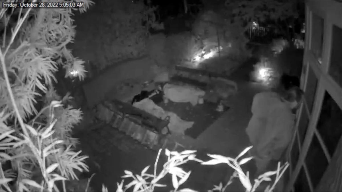 Black and white security footage of a man in a backyard.