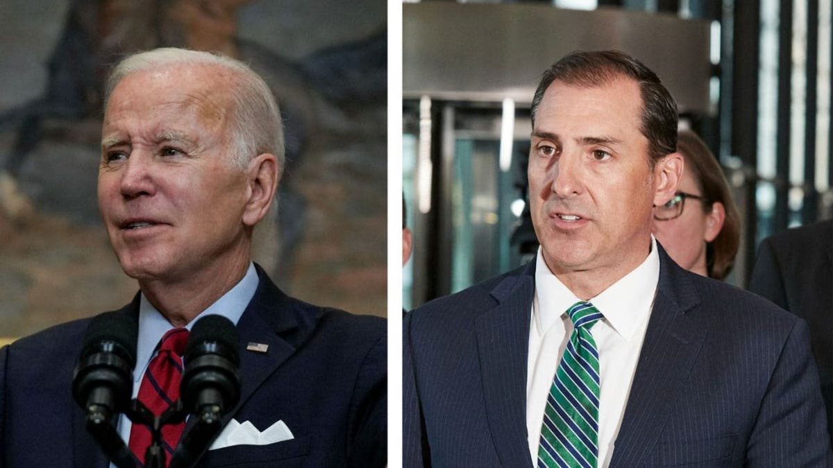 A side by side photo collage of President Biden and U.S. Attorney Lausch.