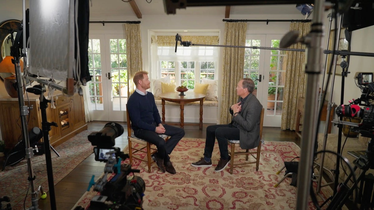 Prince Harry chatting with Tom Bradby during an ITV interview