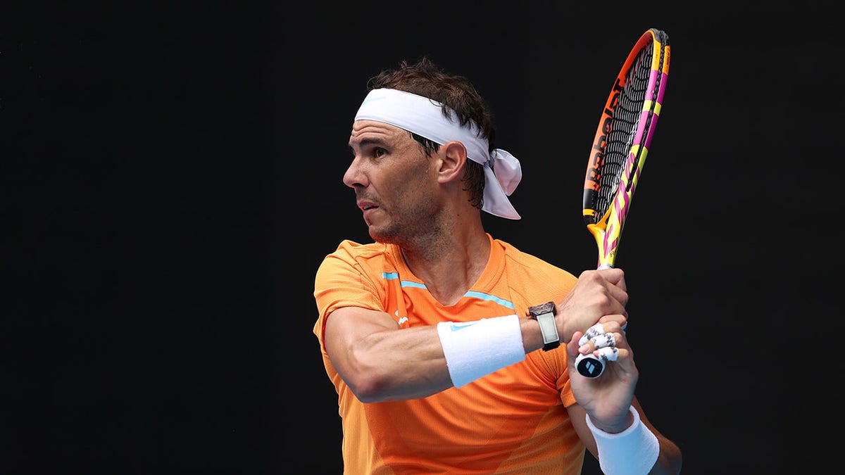 Rafael Nadal plays a backhand at the Australian Open