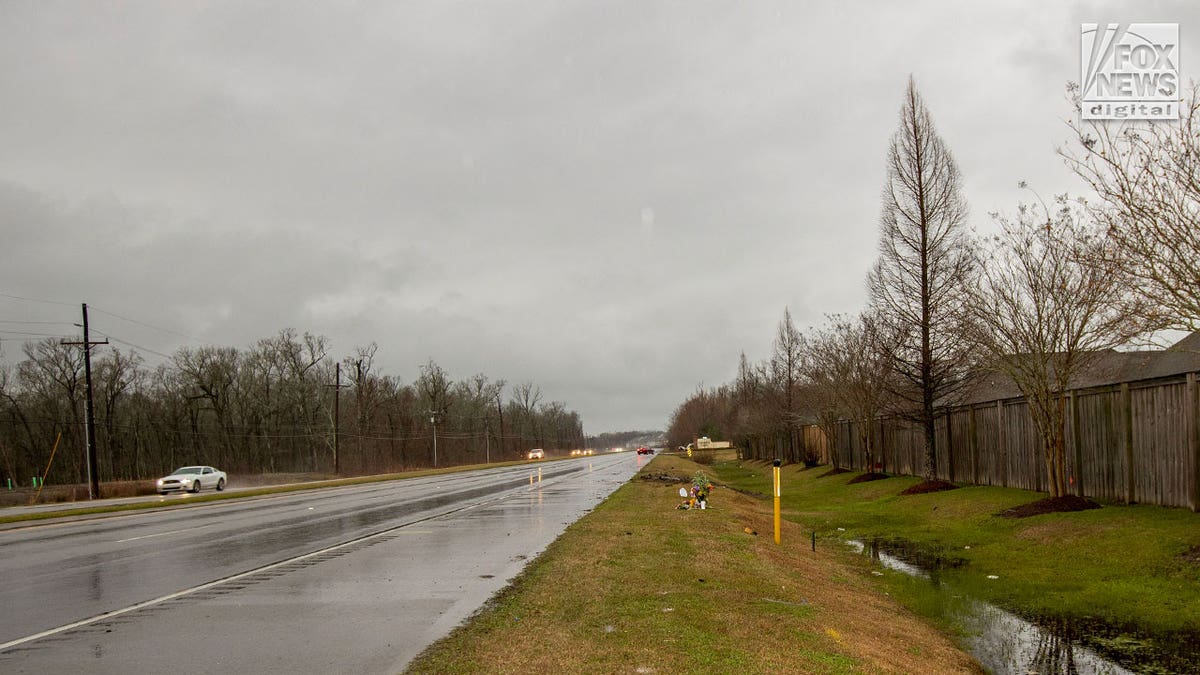 Wide view of a road in the rain