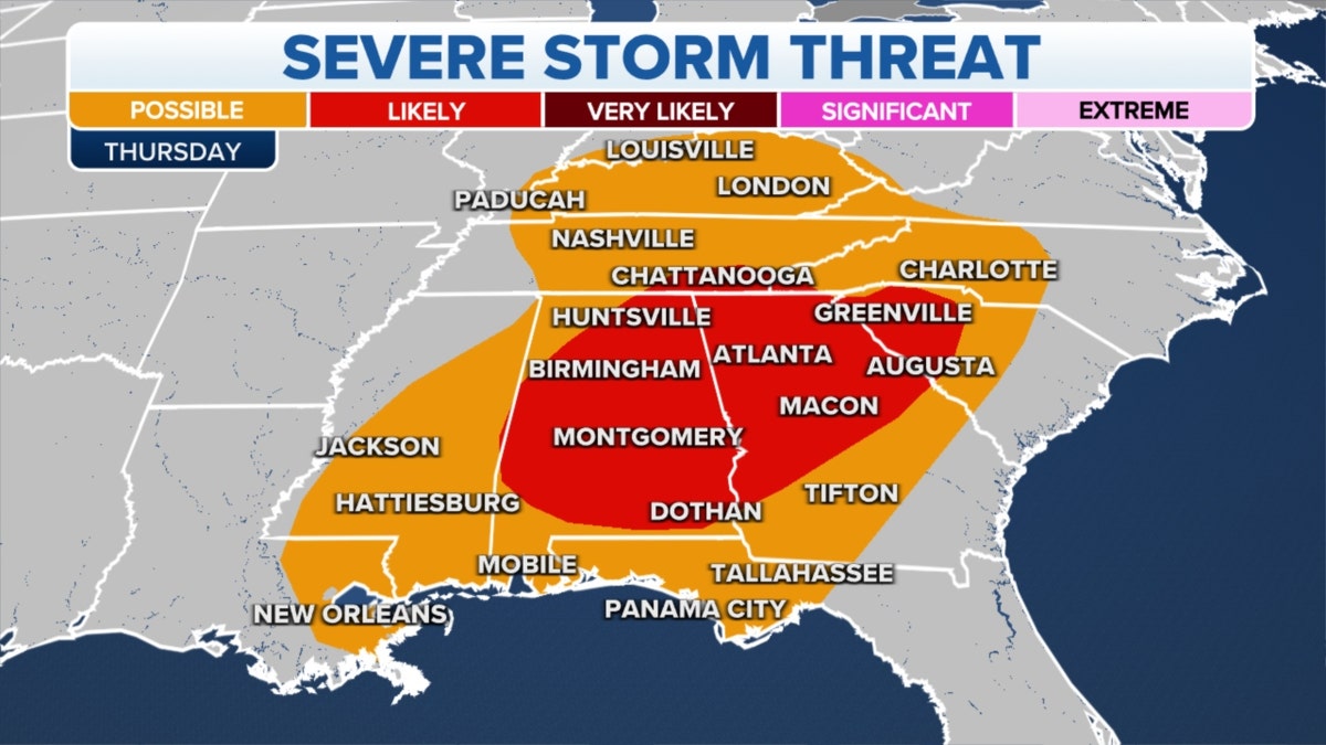 A map of severe storm threats in the Southeast