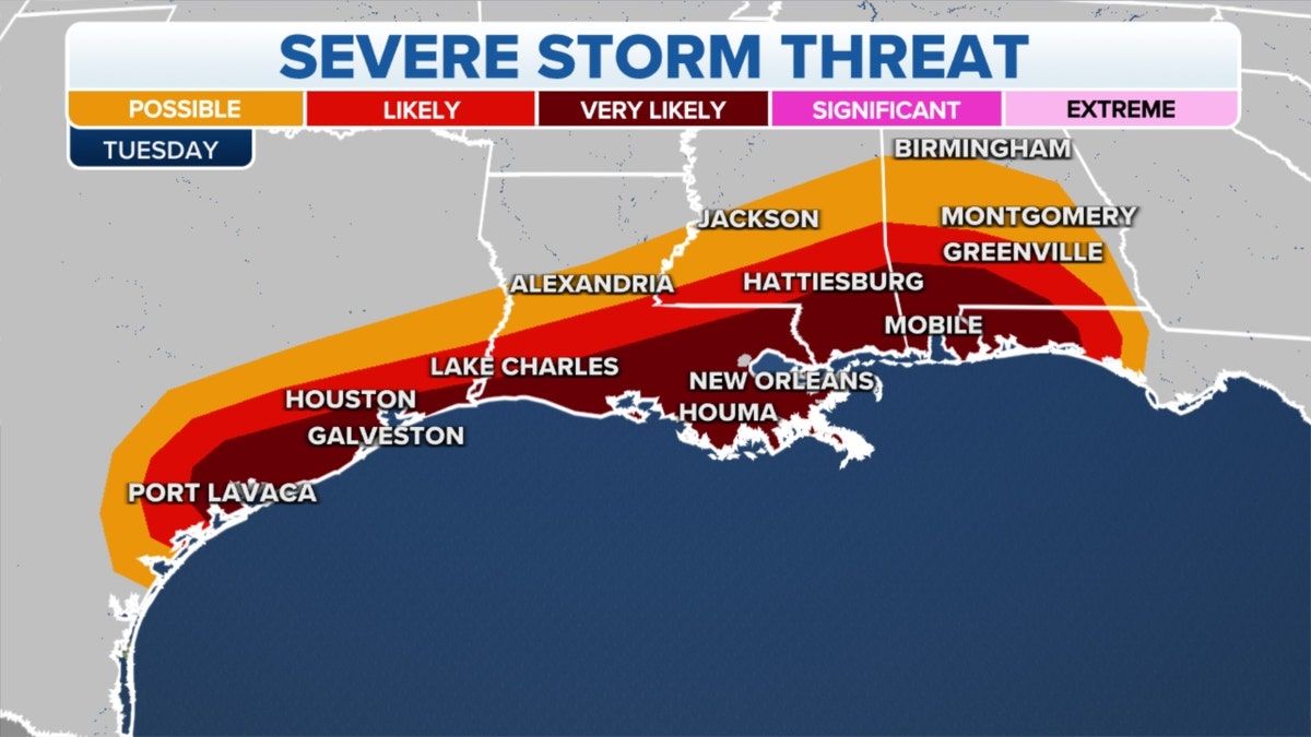 The threat of severe storms in the Southeast on Tuesday