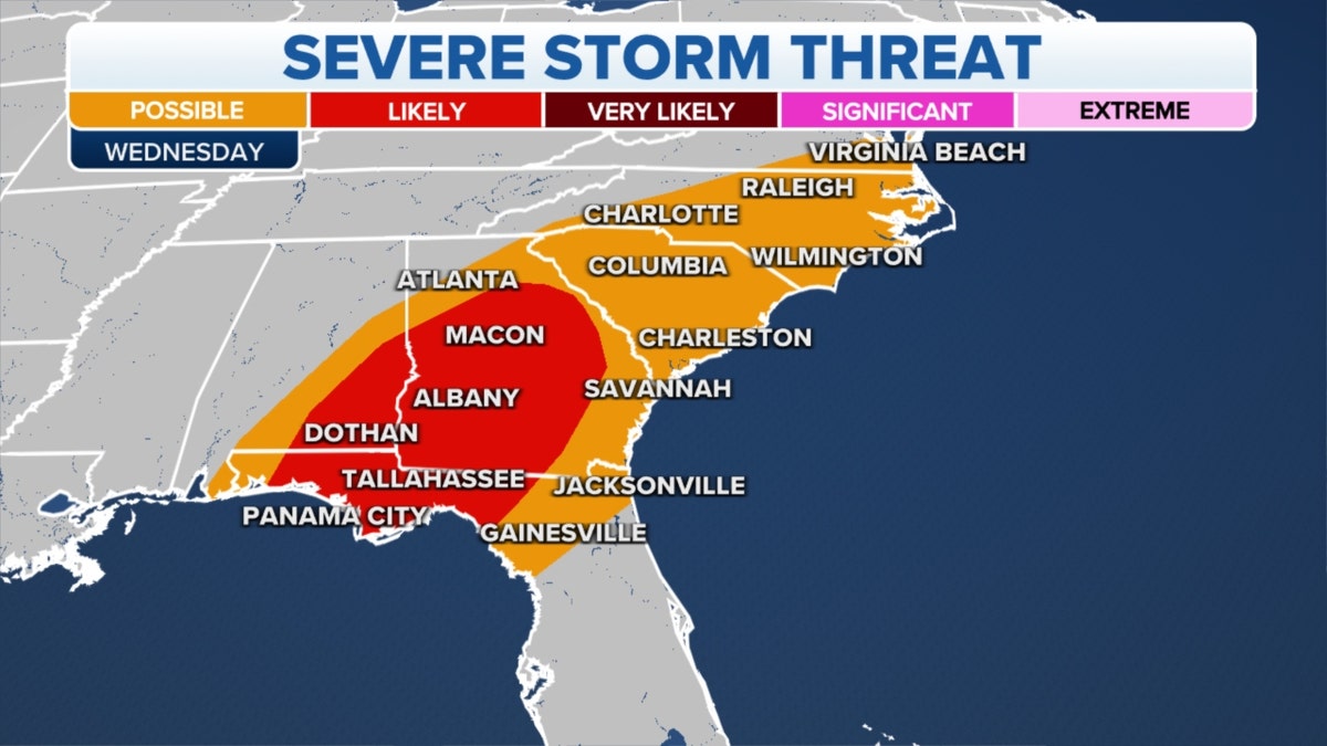 A map of severe storm threats on the East Coast