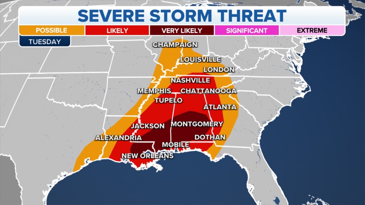 A map of severe storm threats over the Gulf Coast, Ohio and Tennessee Valleys