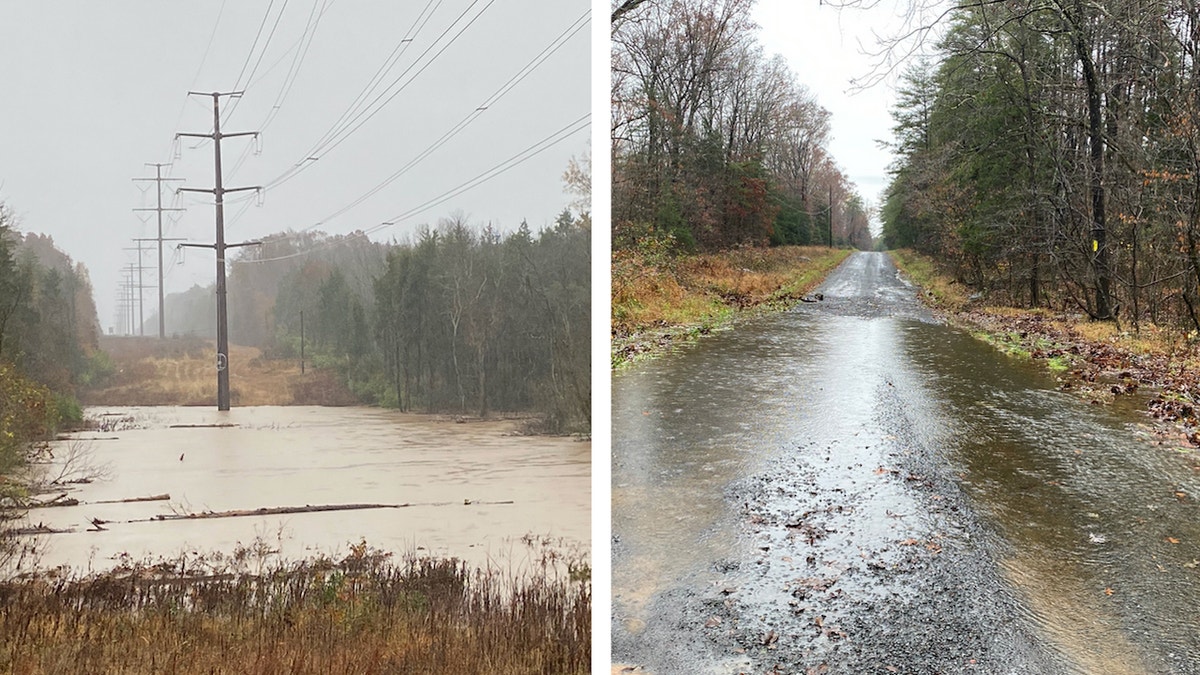 Photographs show water run-off in Culpeper, Virginia, during a 2020 rainstorm. Opponents of the Maroon Solar project say run-off would be made worse by the project and potentially contaminate the water.