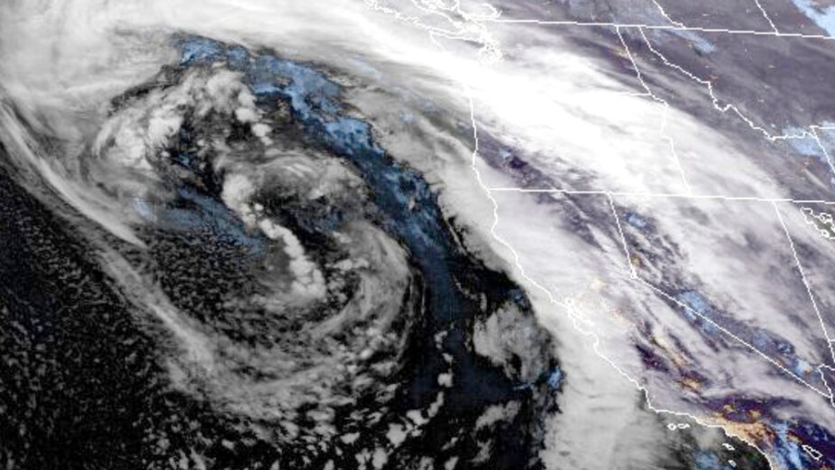 A satellite image of the Pineapple Express bomb cyclone approaching the West Coast