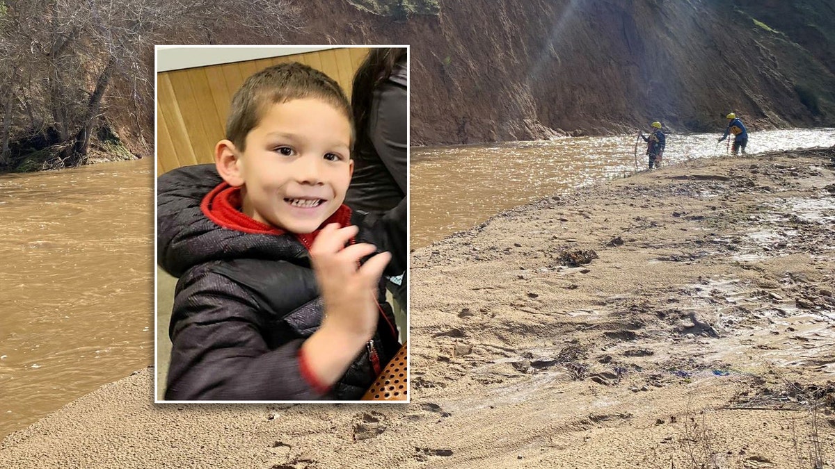 A split photo of the boy and a flooded river