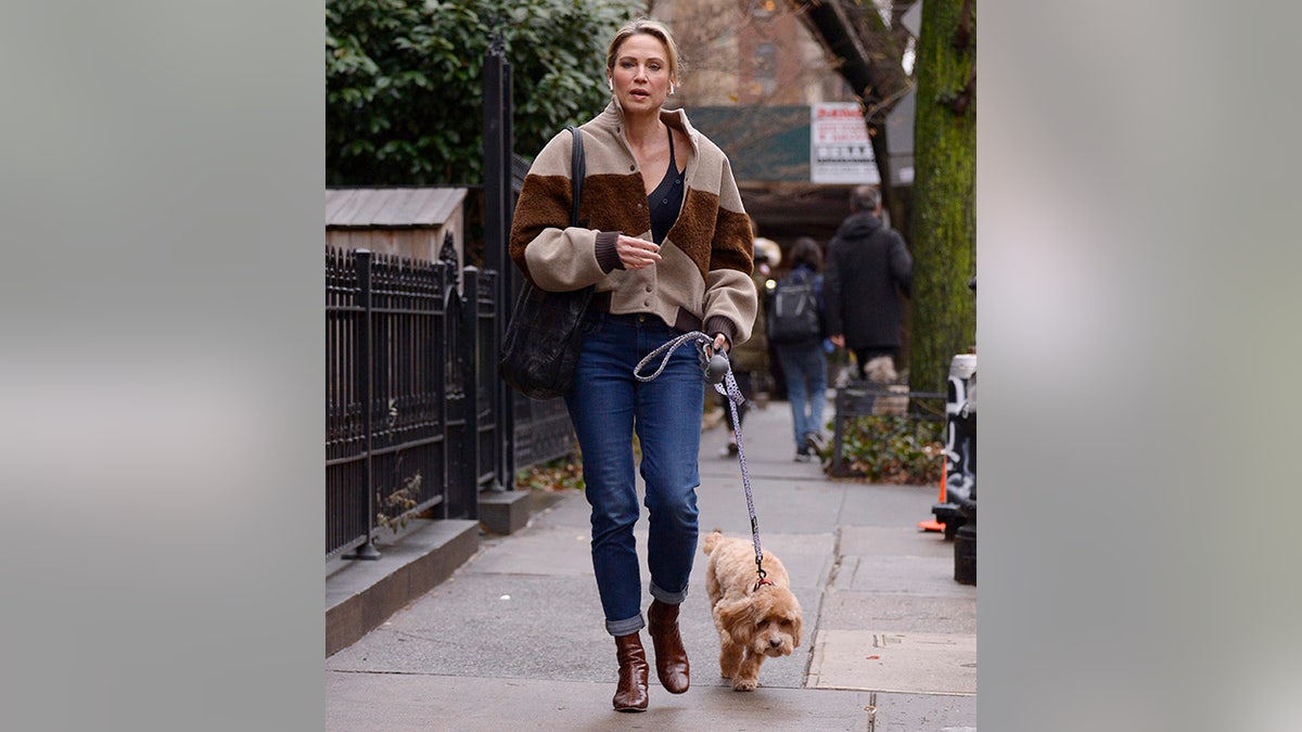 Amy Robach in a two-toned brown jacket and jeans walks dog Brody in New York