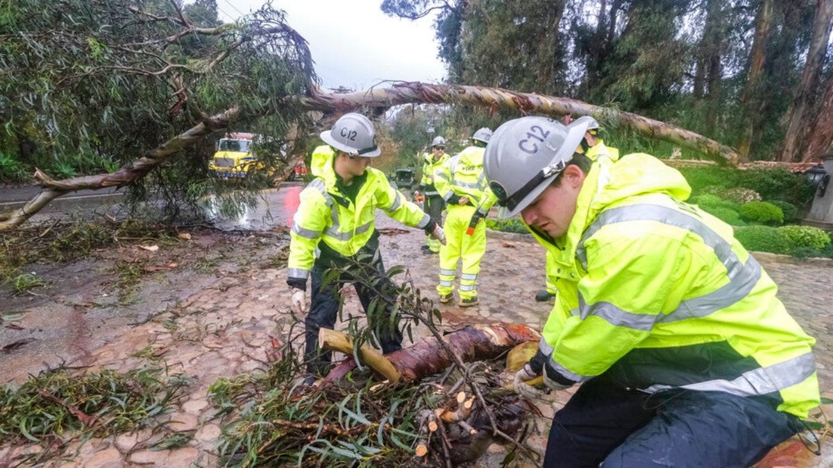 Firefighters clear away a fallen tree in Montecito