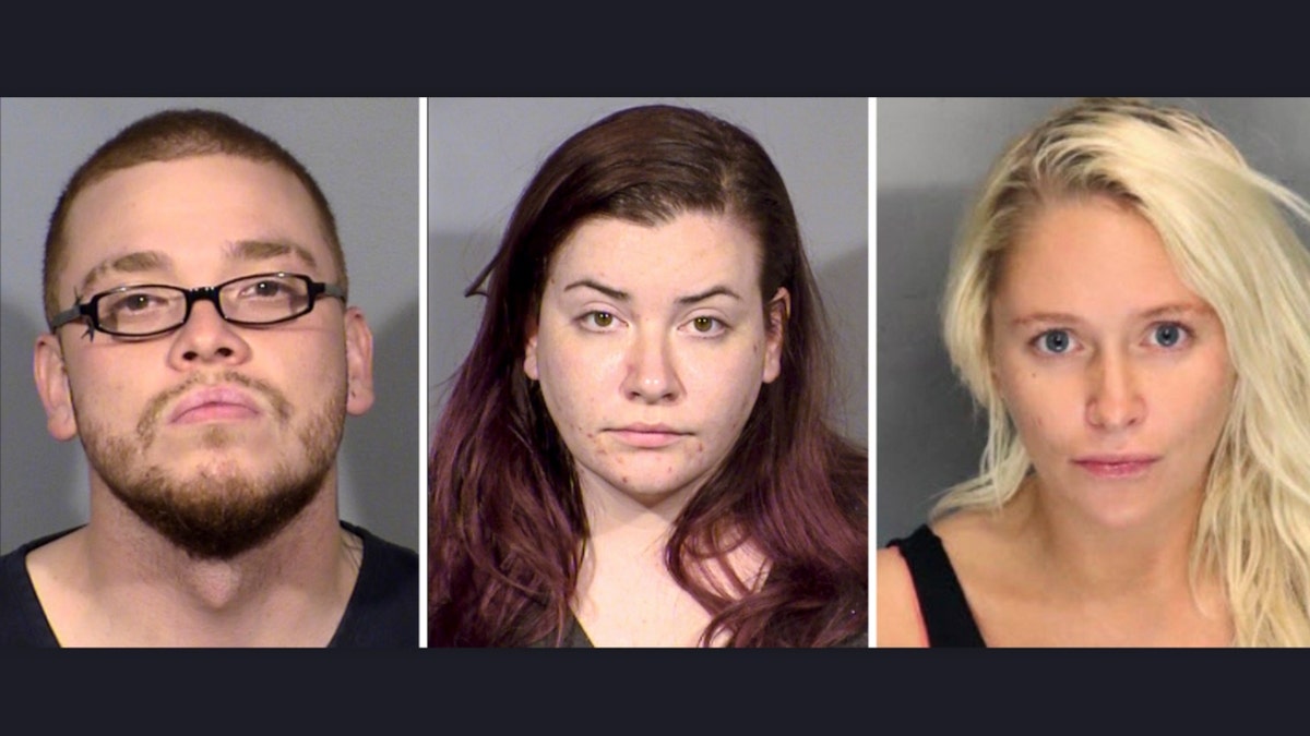 This combination of booking photos provided by the Las Vegas Metropolitan Police Department, left and center, and the San Joaquin, Calif., County Sheriff's Office, right, shows, from left, Jon Logan Kennison, Diana Nicole Pena and Kelsey Nichole Turner