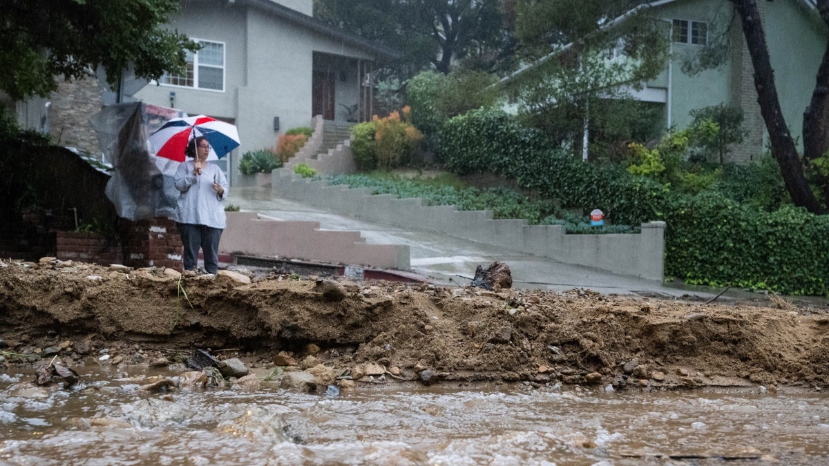 A woman surveys the site of a mudslide in Studio City, Calif.