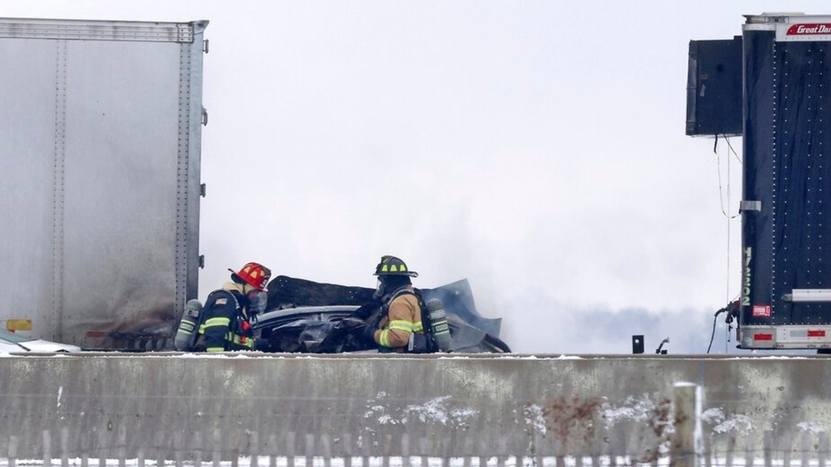 Emergency crews respond to a multi-vehicle accident in both the north and south lanes of Interstate 39/90 just north of the East Creek Road overpass on Friday, Jan. 27, 2023, in Turtle, Wisconsin.