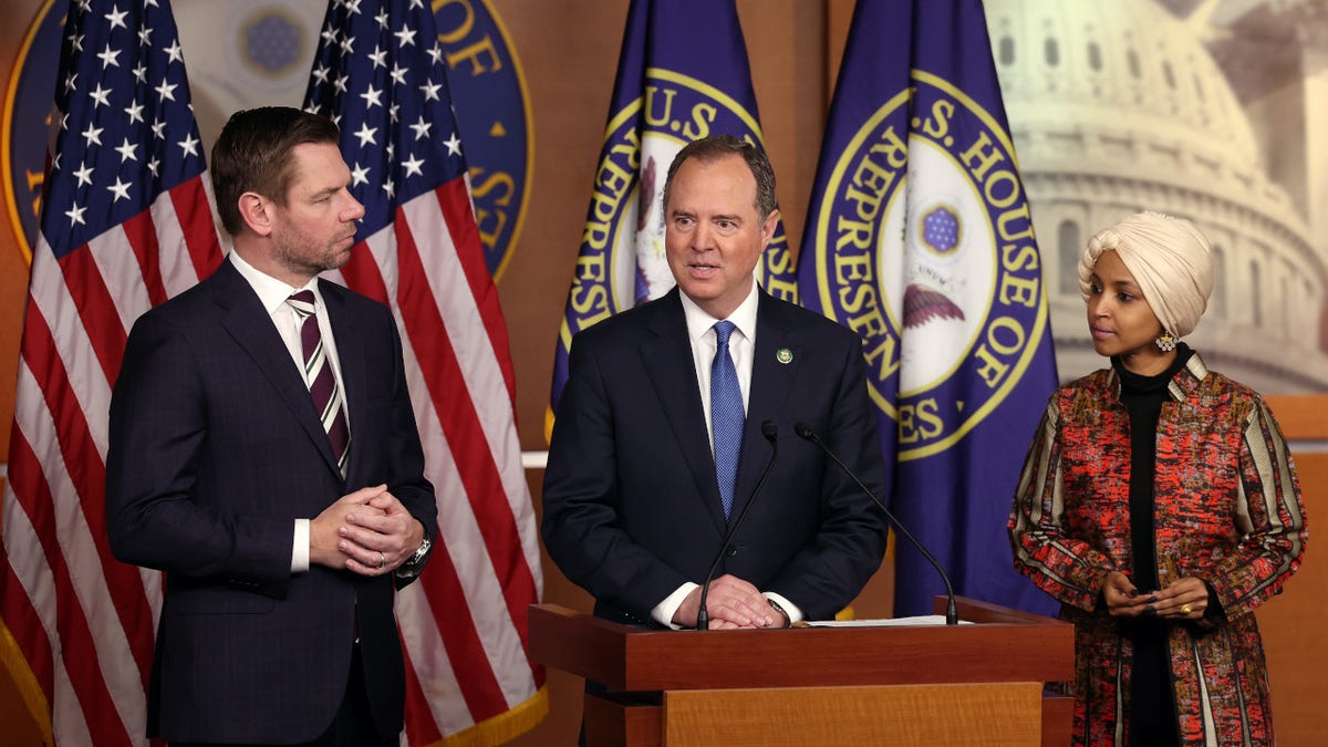 U.S. Rep. Adam Schiff (D-CA) (C), joined by Rep. Eric Swalwell (D-CA) and Rep. Ilhan Omar (D-MN), speaks at a press conference on committee assignments for the 118th U.S. Congress, at the U.S. Capitol Building on January 25, 2023 in Washington, DC