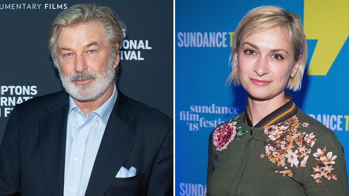 Alec Baldwin con un traje oscuro con camisa azul claro y pañuelo de bolsillo azul y barba poblada partido Halyna Hutchins con una camisa verde oscuro con flores