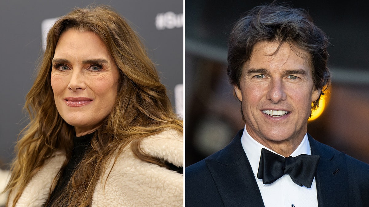 Brooke Shields in a furry jacket soft smiles on the red carpet split Tom Cruise in a classic tuxedo smiles on the red carpet