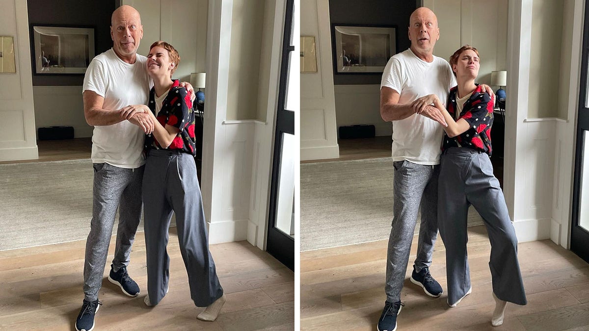 Bruce Willis and his daughter Tallulah Wilson make funny faces in side-by-side photos of the two, both wearing jeans and he is in a white shirt, she is in a colorful top