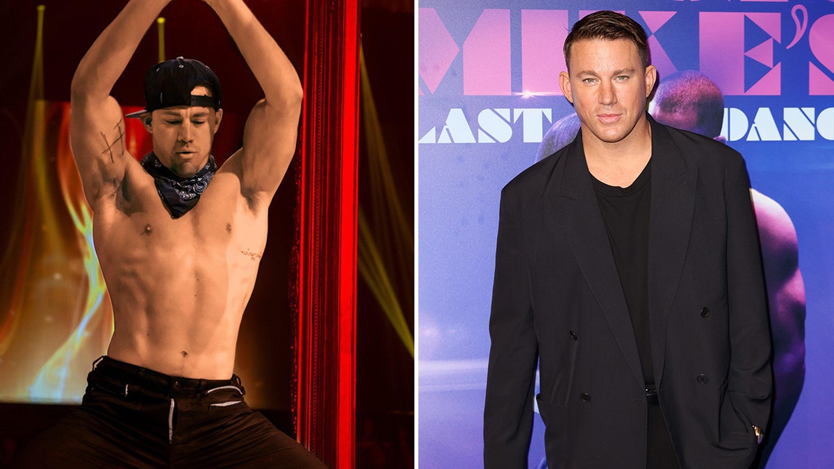 Channing Tatum with a backwards black hat, black bandana dance on stage split Channing Tatum black shirt and black suit on the red carpet