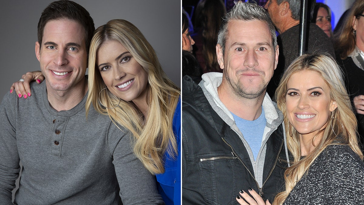 Tarek El Moussa in a gray shirt is hugged by his wife Christina in a royal blue shirt split Ant Anstead in a black jacket and light blue shirt is hugged by wife Christina