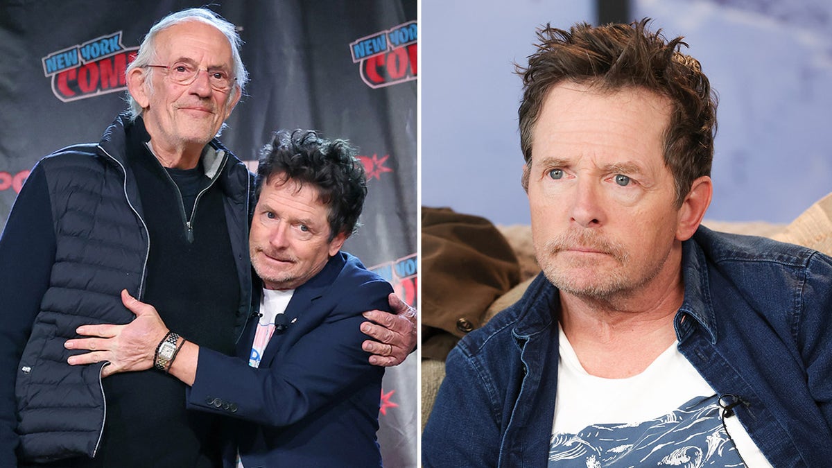Michael J. Fox and Christopher Lloyd hug at Comic Con