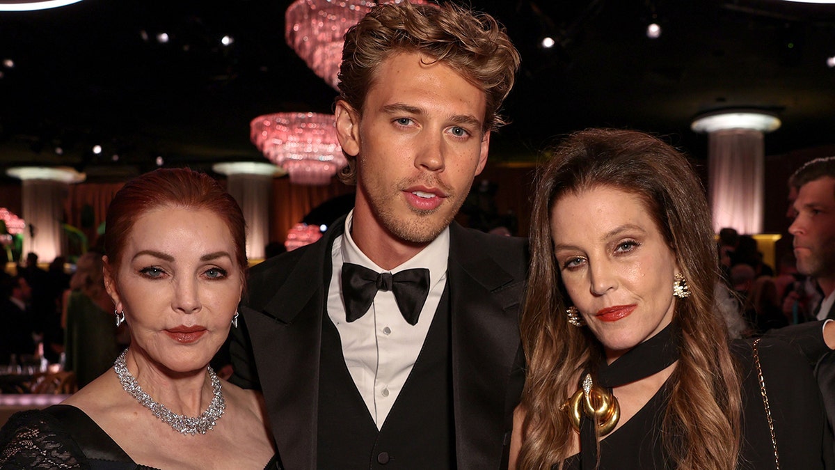Lisa Marie Presley with Pricilla Presley and Austin Butler at 2023 Golden Globes