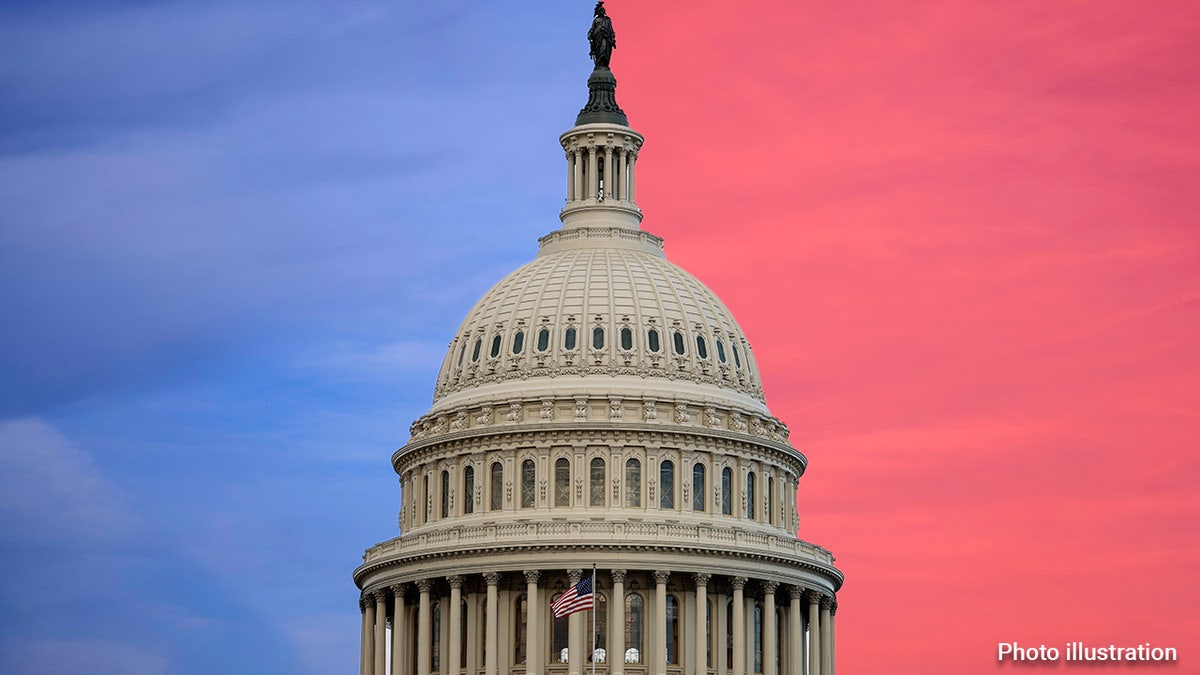 United States Capitol Building with blue and red background