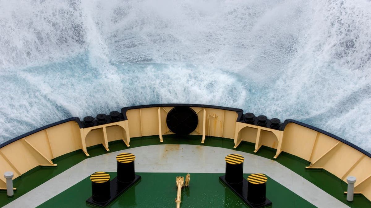 Bow of ship in rough weather in the Drake Passage
