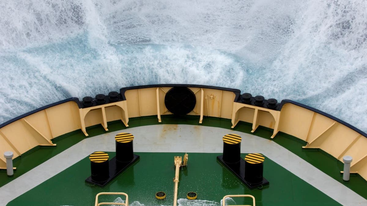 Bow of ship in rough weather in the Drake Passage