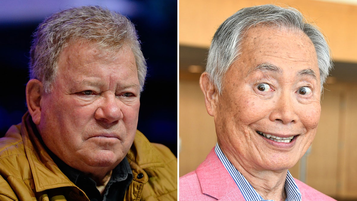 William Shatner looks stern in a mustard colored jacket split George Takei makes a silly grin face in a pink jacket and blue shirt