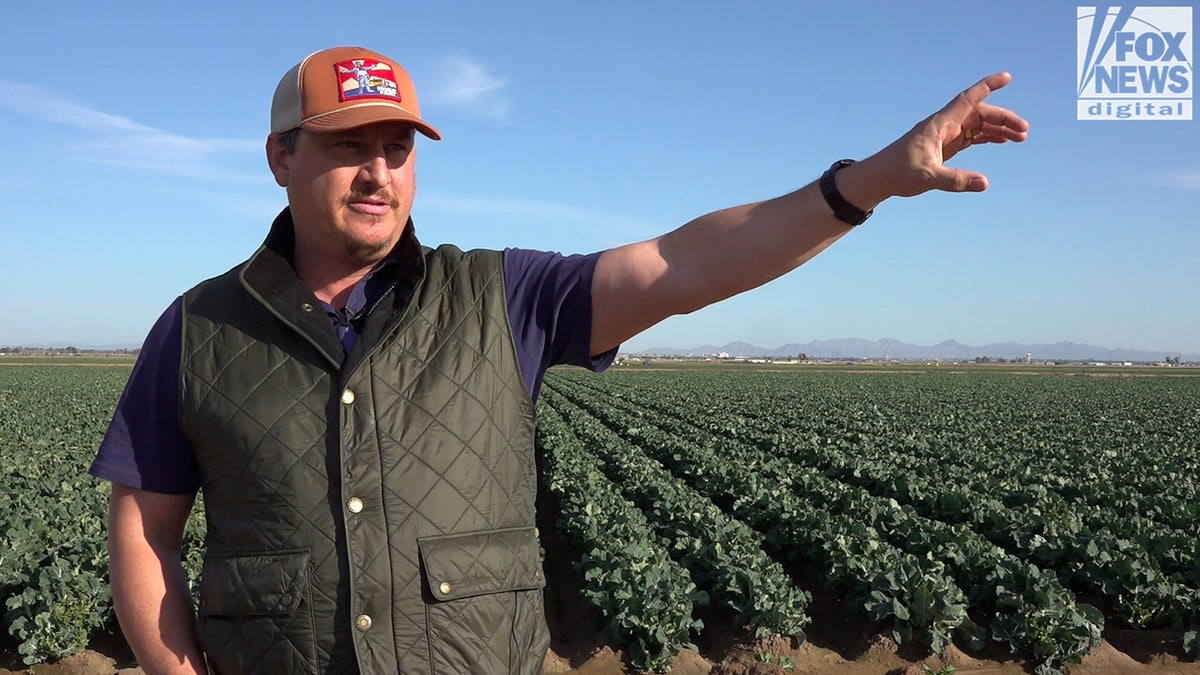 Farmer gestures toward the US-Mexico border 