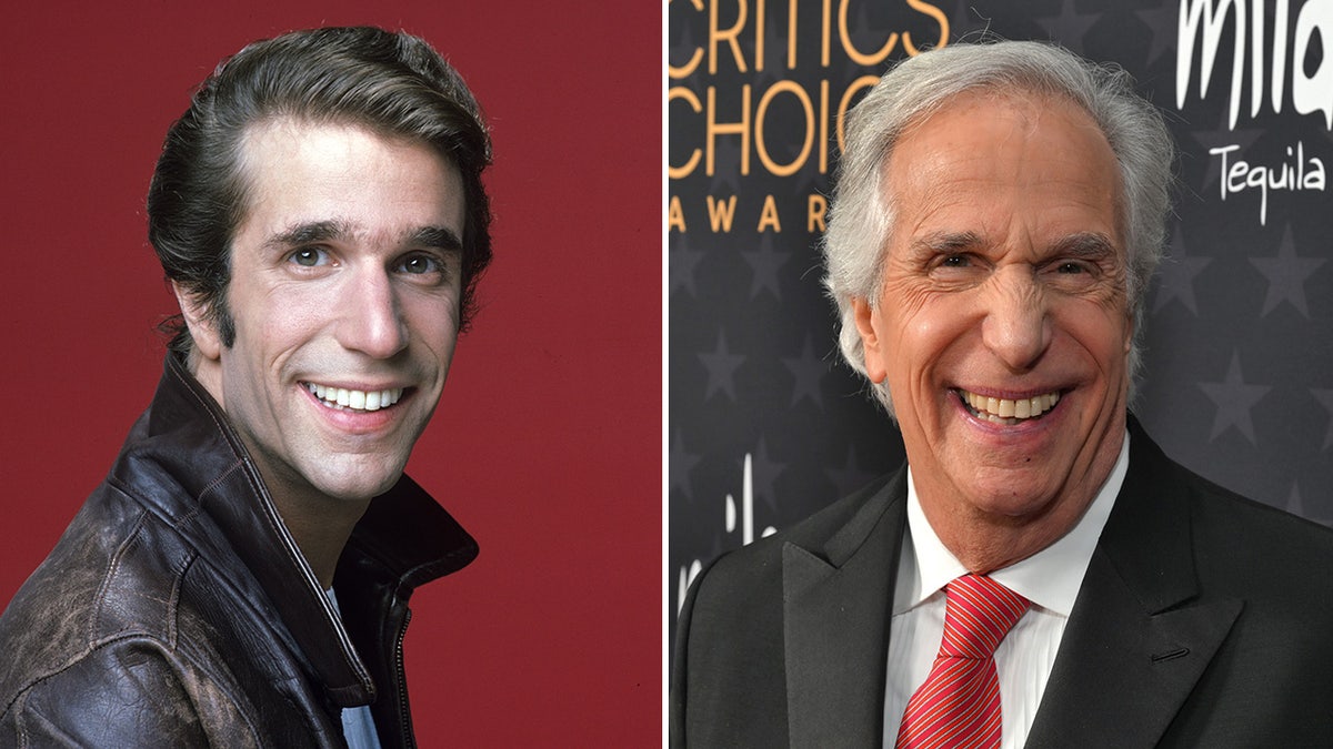 Henry Winkler as Fonzie from "Happy Days" in a brown leather jacket split Henry Winkler at the Critics Choice Awards in a black suit and red tie