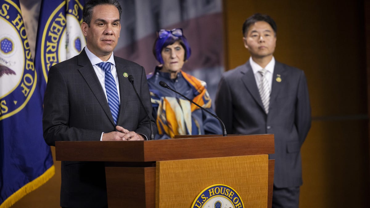 Chair of the House Democratic Caucus Pete Aguilar (D-CA) speaks during a press conference