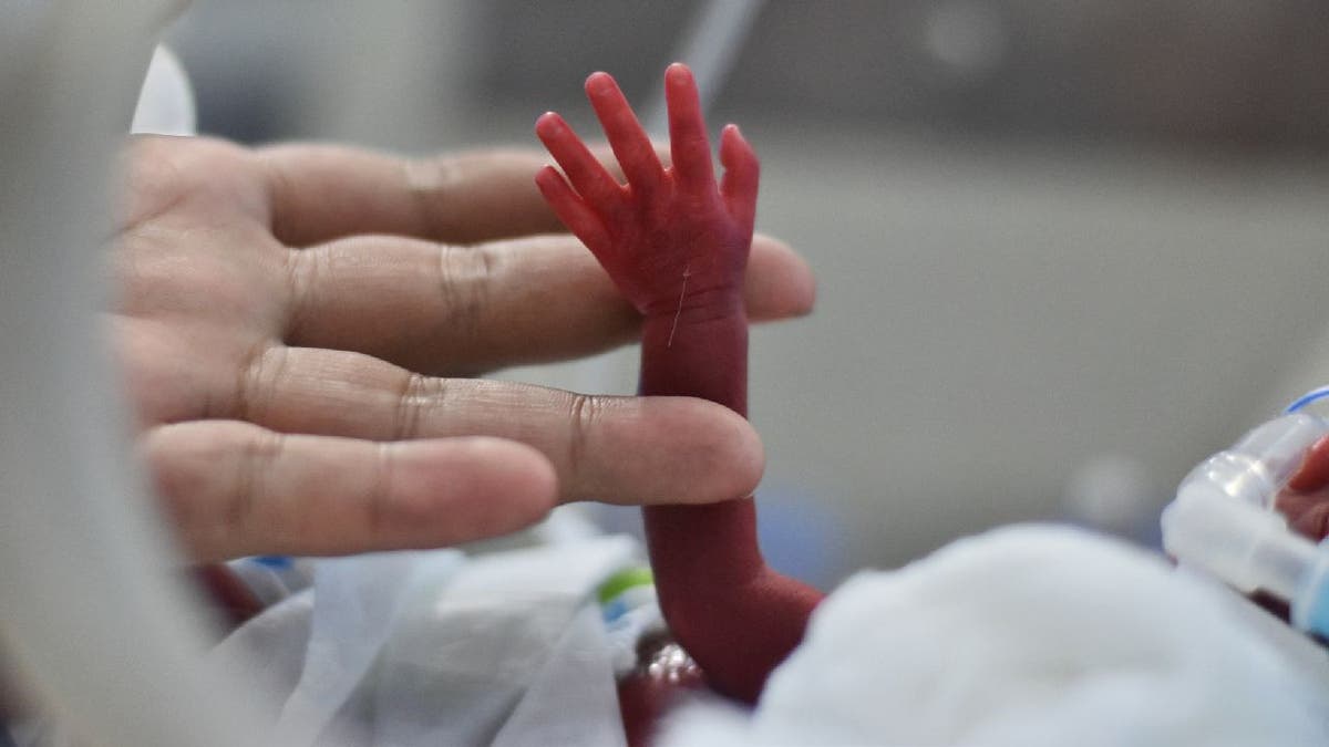Baby in NICU raising small hand