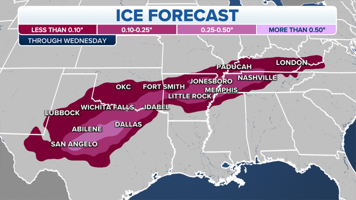 Ice forecast for southern U.S.